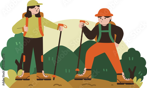 Couple Man Woman Hiking on Mountain Vector Illustration