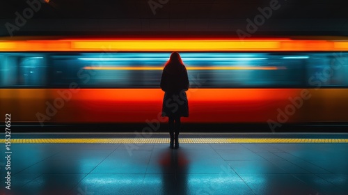 Solitude in Motion Vibrant Subway Passage Woman Silhouette Standing Poised Amidst Blurring Lights Dynamic Urban Scenery