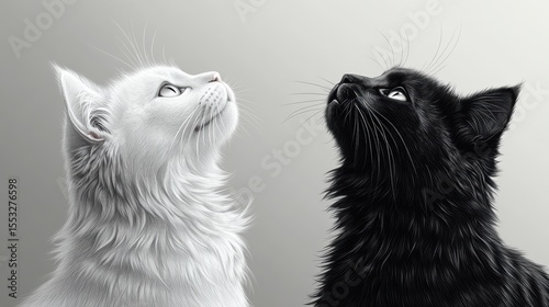 Harmonious feline duo gazing upward creating elegant contrast between light and dark evoking a sense of mystery and balance