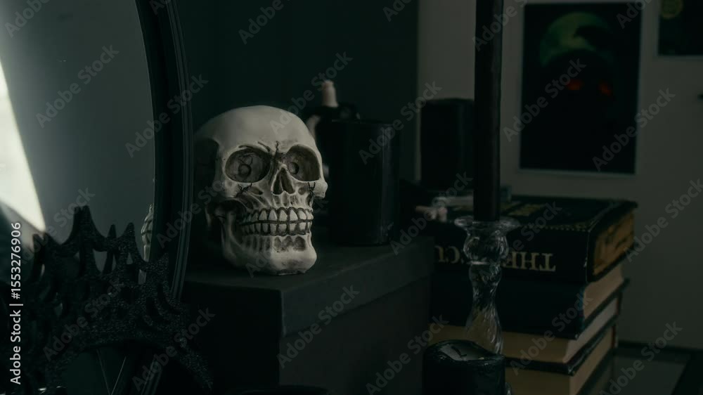 No people shot of dresser with skull, stacked books, black candle, mirror and ominous painting on wall