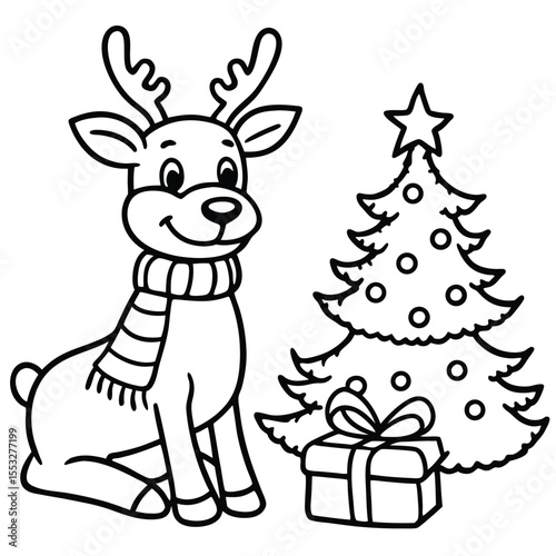 A festive Christmas cartoon illustration features Santa Claus and his reindeer, possibly Rudolph, delivering gifts through a snowy winter wonderland