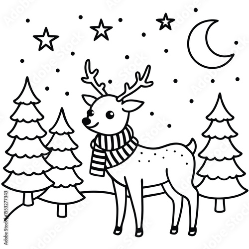 A cute cartoon Christmas reindeer with snowflakes and a winter tree illustration for holiday card design
