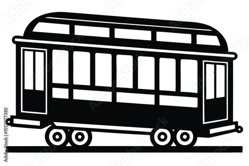 Stylized Black and White Silhouette of an OldFashioned Tram Car on a Track