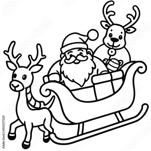 A cute cartoon illustration of Santa Claus and his reindeer flying in the winter snow, celebrating the happy Christmas holiday