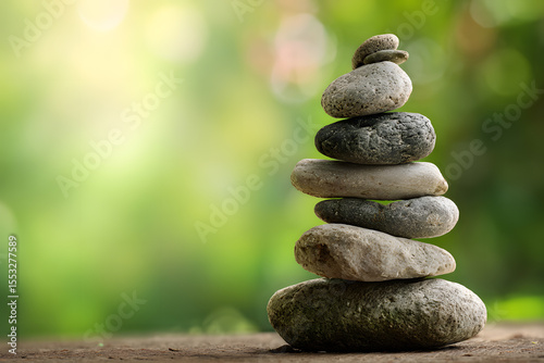 Stacked stones symbolizing balance and harmony in nature, creating a tranquil and serene atmosphere.