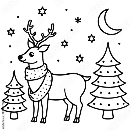 Cute cartoon deer and reindeer frolic in a snowy winter wonderland on a festive Christmas card, adorned with snowflakes and trees
