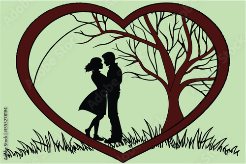 Romantic couple silhouette embraced within a heart shape
