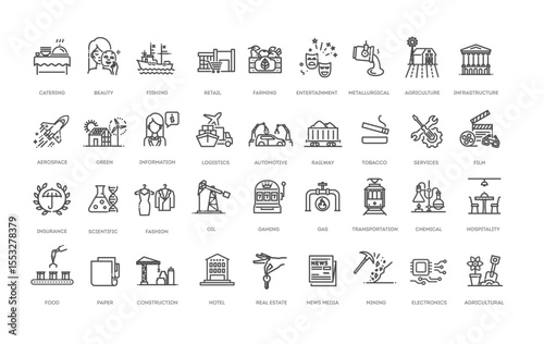 Types of Industries outline icons. Vector illustration