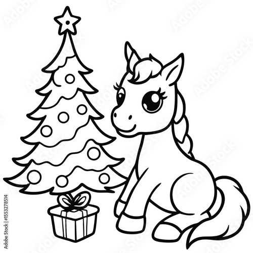 Cute cartoon animals, including dogs and cats, happily celebrate around a Christmas tree, perfect for a fun vector illustration