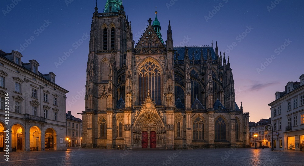 Fototapeta premium Gothic Architecture With Glowing Windows and Grand Entrance