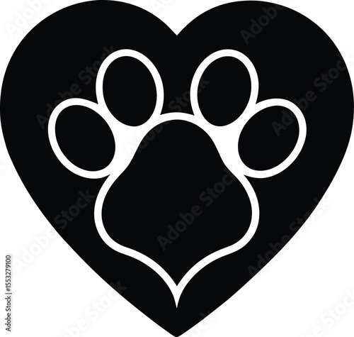 A dog paw flat icon inside a heart showing loyalty and affection silhouette Vector On white Background