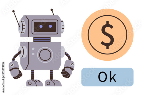 Friendly robot facing a dollar sign in a circular frame and an Ok button, signifying automation, fintech, and decision-making. Ideal for technology, AI, finance, approval, automation innovation