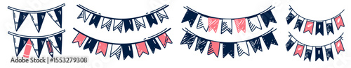 Set of colorful garlands with triangular flags in red and blue  