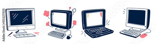 Set of computers with colored details and floral design elements  