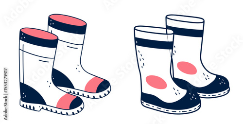 Set of rubber boots in colorful design with pink and navy details  