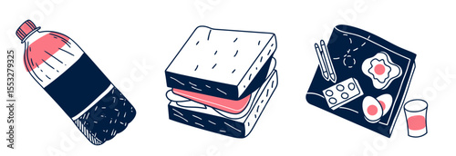 Set of drawing with colored pencils, child’s school meal including sandwich and drink  