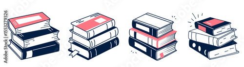 Set of drawing with colored pencils, stacks of books in various styles  