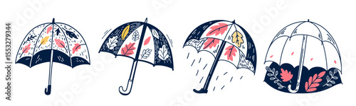 Set of umbrellas with colorful patterns and autumn leaves in playful style  