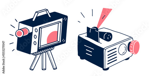 Set of projector and vintage camera in flat design illustration  