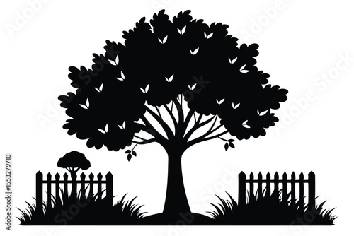 Silhouette of a Large Tree with Fences and Grass, Smaller Bush Beyond