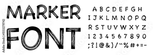 Dry Marker alphabet handwritten font. Marker calligraphic draw typography highlighter letters, numbers figures and symbols