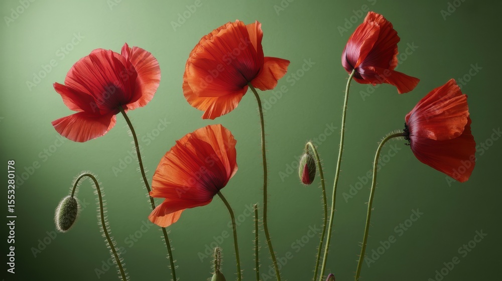 Obraz premium Vibrant red poppies against a green backdrop showcasing nature's elegance