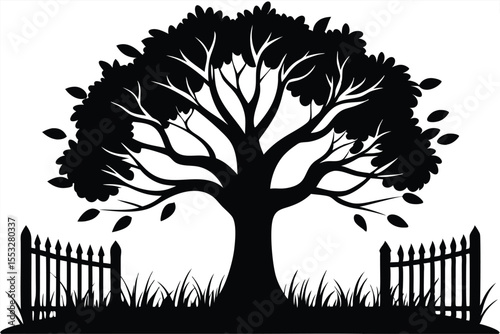 Silhouette of a Lush Tree with Fence and Grass in Black and White View