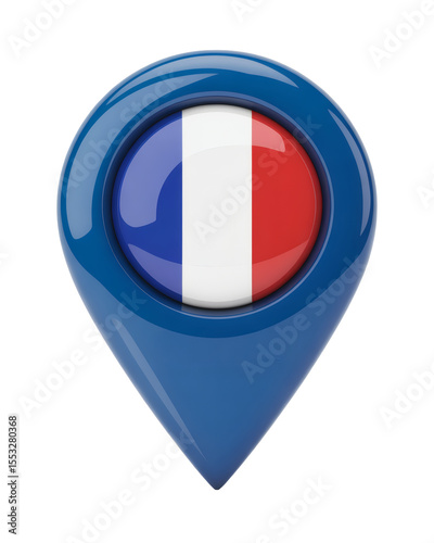Free Download 3D rendering of a polished blue map pointer featuring the vibrant French national flag icon, perfect for geographic and travel themes - GFXLoad