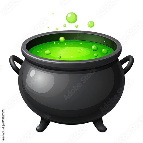 a cartoonish illustration shows a shiny black cauldron filled with a bubbling green liquid. small green bubbles appear to be rising above the cauldron
