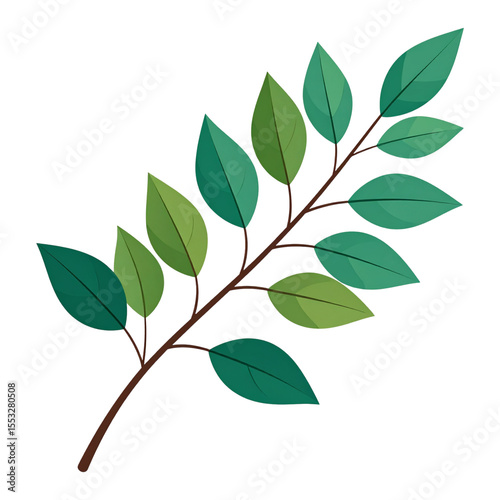 centered against a solid dark background is a stylized depiction of a tree branch. the branch has a slender form and bears a series of green foliage