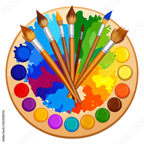 a round wooden palette holds various shades of colored paint in circular wells around the edges. the center of the palette displays a swirl of mixed hues