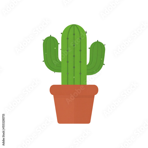 this image features a green cactus in a brown pot. the cactus has one larger stalk in the middle, with two shorter stalks on either side of it. small dots line the cactus