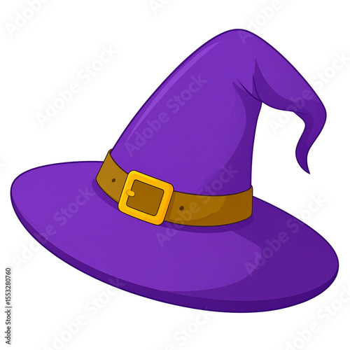 the image depicts a purple pointed hat with a wide brim and a curved, drooping tip, set against a dark background
