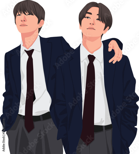 Illustration video of two friends wearing professional suits, embracing each other showing friendship. This artistic representation emphasizes friendship.