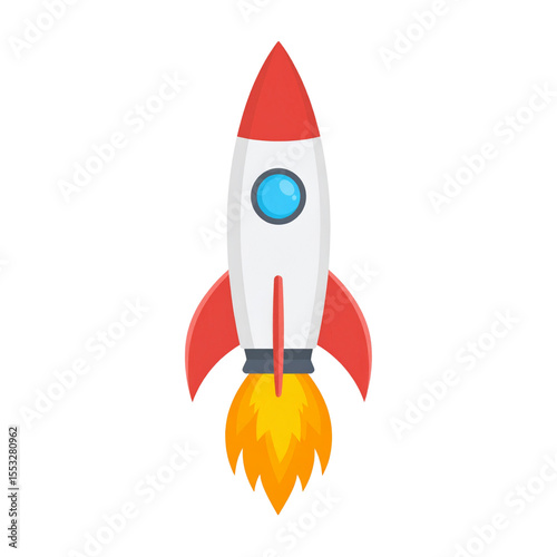 against a stark backdrop, a spacecraft ascends, propelled by fiery propulsion. the main body is primarily white with a vibrant red conical tip. a round window is positioned on the front