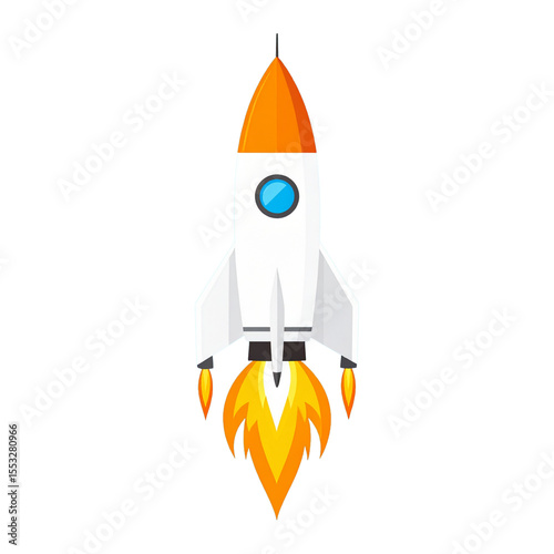 a cartoon rocketship is positioned vertically against a solid background. the craft features a pointed top and a white body with a blue window. flames erupt from the bottom, indicating propulsion