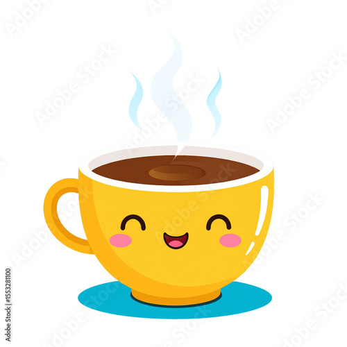 the image features a charming depiction of a warm beverage. the yellow cup is filled to the brim with a dark liquid, and wisps of steam rise from the top