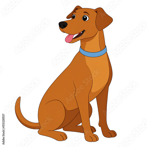 the image shows a light brown canine with cartoon styling against a black background. the animal is sitting upright with a light blue collar around its neck