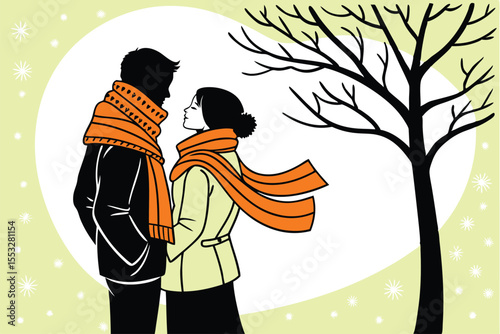 Romantic couple silhouette sharing a scarf in winter snow