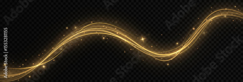 Golden sparkling light trail with glittering comet tail. Shimmering wavy lines of luminous golden particles.