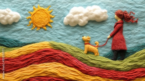 Cheerful handcrafted wool scene of dog and woman walking on hill under the sun with clouds art