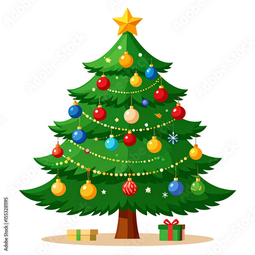 a green tree is centered against a dark background. on top of the tree is a golden star