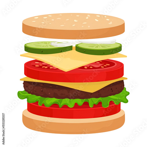 against a solid black background, an animated, layered presentation of a stacked sandwich is displayed, with each component seemingly floating apart