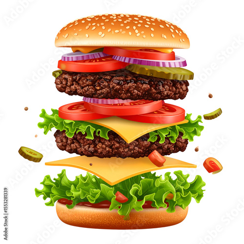 the image shows an exploded view of a multilayered sandwich, seemingly floating against a dark background