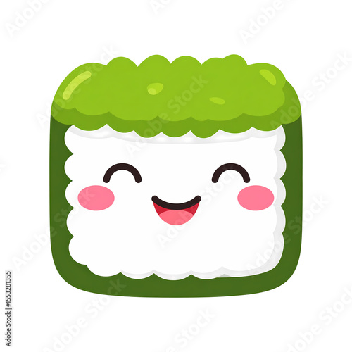 the artwork is a cute, stylized depiction of a food item. the food is a square shape with rounded edges and features a bright green top layer, Kawaii-style sushi roll with happy face