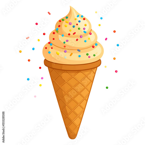 against a solid backdrop, a waffle cone filled with swirls of soft serve is displayed. the soft serve, a pale yellow color, is topped with scattered multicolored sprinkles