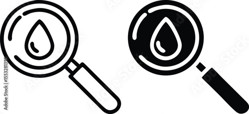 Minimalist Line Art Magnifying Glass with Water Droplet – Monochrome Vector Science Icon