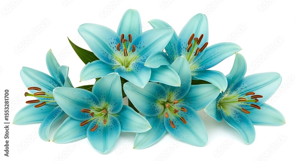 Fototapeta premium Closeup Light Blue Lilies Bouquet Soft Petals Delicate Flowers Floral Arrangement White Background aqua lilies