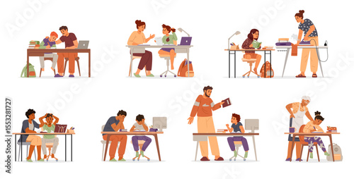 Diverse parents and grandparents or tutors making homework or homeschooling with primary school kids flat vector illustrations set isolated on white. 