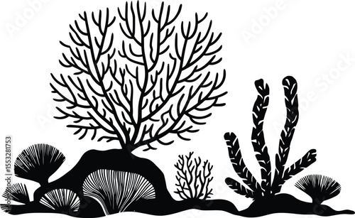 Black silhouette vector illustration, coral and sea life, underwater plant life.